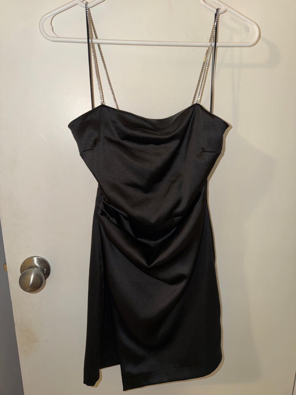 Zara Black Satin Cowl Mini Dress with Chain Straps